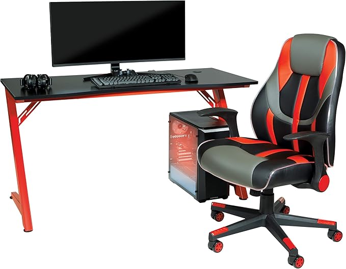 OSP Home Furnishings Beta Battlestation Gaming Desk with Bluetooth RGB LED Lights Matte Red