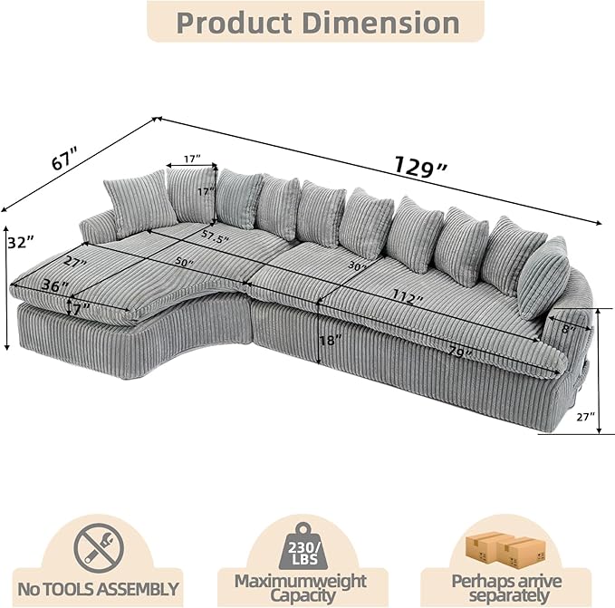 129'' Modern Sectional Sofa4-5 Seater Upholstered Couches with 10 CushionsHigh Density Sponges Cloud Couch L-Shape Left SofaCorduroy Sponge Sofa for Living RoomNo Assembly Required(Gray)
