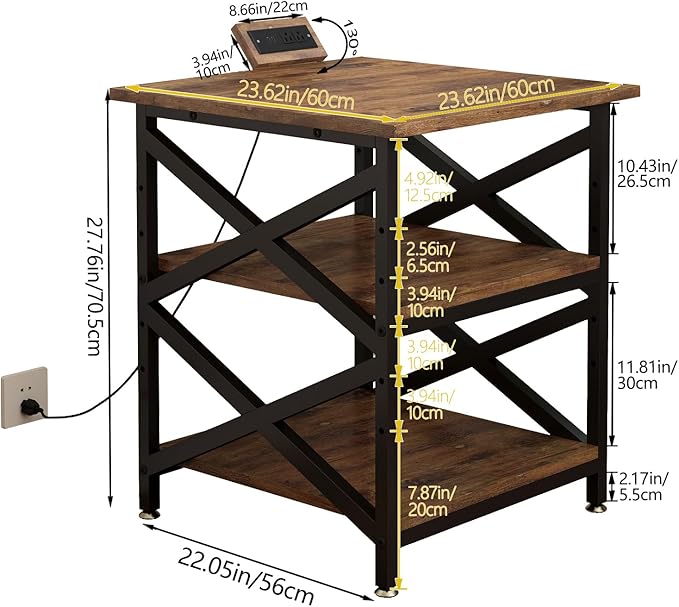 Large Printer Stand with Power Outlet with Height Adjustable Storage Shelf 3 Tier Rolling Printer Cart with Industrial Wheels 23.6 x 23.6 Inches Printer Table for Home Office Rustic Brown