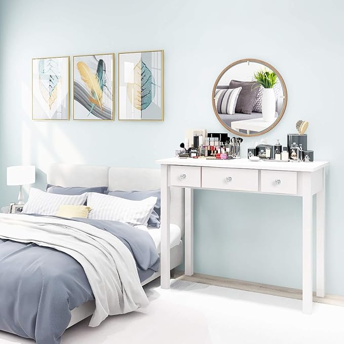 STHOUYN Home Office Small Writing Desk with Drawers Bedroom Study Table for Adults/Student Vanity Makeup Dressing Table Save Space Gifts White (White)