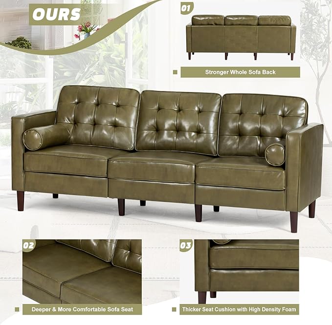 84” Faux Leather Sofa with Tufted Backrest Upholstered 3-Seat Couch with 2 Bolster Pillows Mid-Century Sofa with Wooden Legs for Living Room Bedroom Office Olive Green
