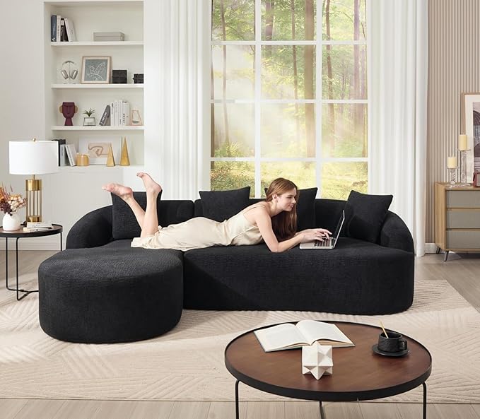 KEIKI L-Shaped Chenille Modular Sectional Couches with Chaise Lounge &amp 4 Pillows 3 Seater Oversized Upholstered Luxury Plush Cloud Sofa for Living Room Apartment Full Sponge Compression