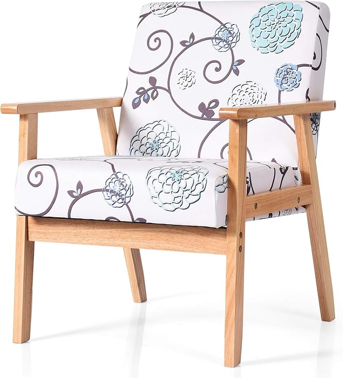 Giantex Mid Century Accent Arm Chair Comfortable Modern Fabric Armchair w/Rubber Wood Pretty Pattern Soft Sponge Decorative Retro Accent Chair for Living Room