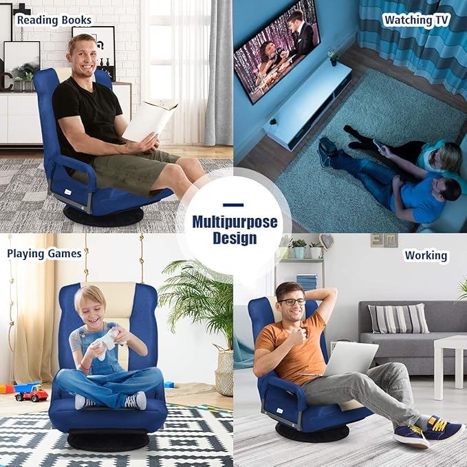 Giantex Floor Chair 360 Degree Swivel Chair with Adjustable Backrest Lumbar Support Armrest Foldable Lazy Sofa Rocker for TV Reading Playing Video Games Blue/Beige