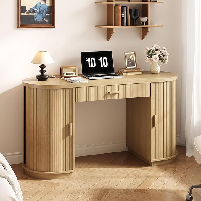 ONBRILL 58 Inch Fluted Executive Desk with Drawers Large Computer Desks with Storage Mid Century Modern Office Desk with Charging Station for Home Office Living Room Bedroom (Oak)