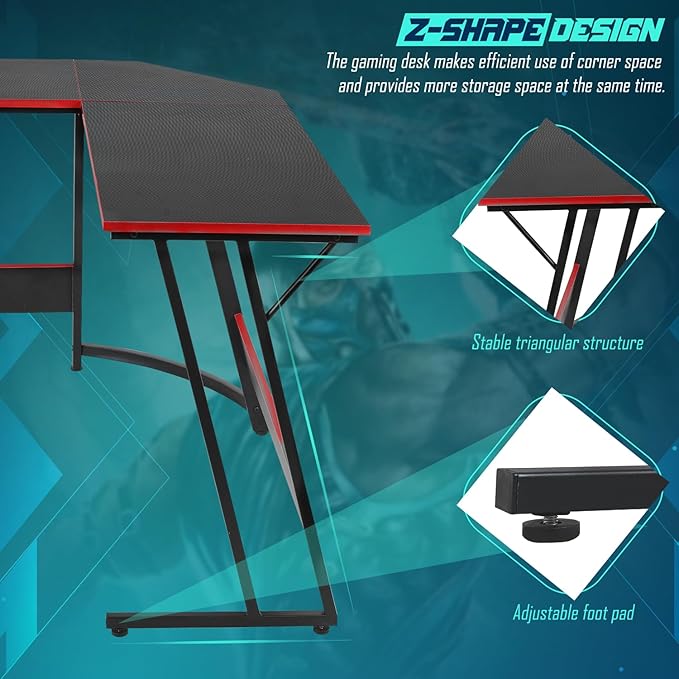 Corner Computer DeskL Shaped DeskGaming Desk with Large Monitor Stand &amp Carbon Fiber Surface Home Office Study Writing WorkstationSpace-SavingBlack