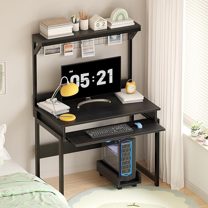 Gaming Computer Desk with Storage Shelves &amp Keyboard Tray 31.5 inch Desk for Small Spaces Home Office Desk with Host Rack for Living Room Study Room (Black)