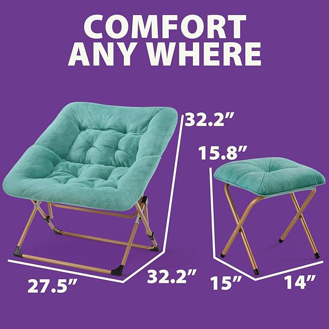 OAKHAM Comfy Chair for Adults Soft Faux Fur Folding Lounge for Bedroom Living Room Dorm Rooms Flexible Reading Chair for Teens Kids X-Large Foldable (Ottoman-Mint)