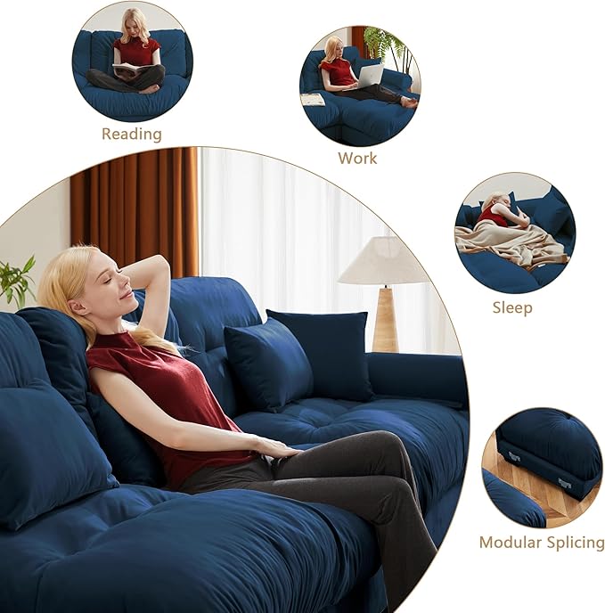 Setawix Velvet Cloud Sofas Couches for Living RoomModular Sectional 3 Seater Sofa Couch with Deep SeatOversized 3 Seat Sofa with Pillows for BedroomOffice(Blue)