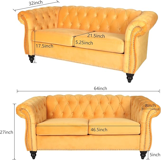 LEVNARY Velvet Sofa Chesterfield Tufted Upholstered 2 Seater Couch Modern Loveseat Couch Classic Furniture for Living Room Bedroom (Yellow)