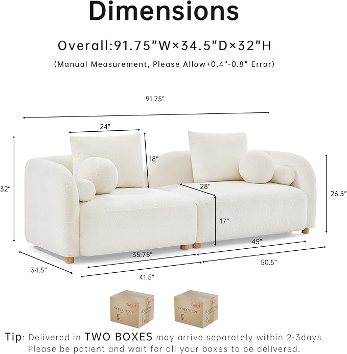 Modern Curved Sofa 3-Seater Comfy Cloud Boucle Couch with Wood Leg &amp Pillows Minimalist Sofas for Living Room Apartment Cream White 91.75‘’ | Curved design 6 sofa pillows Simple assembly Mo