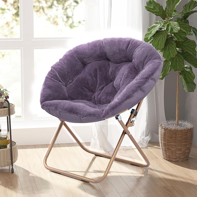 Cozy Saucer Chair Living Room Chair Faux Fur Soft Thick Padded Seat Metal Frame Folding Chair Comfortable Moon Chair for Living Room Bedroom Reading Nook Modern Style 2 Pack Purple