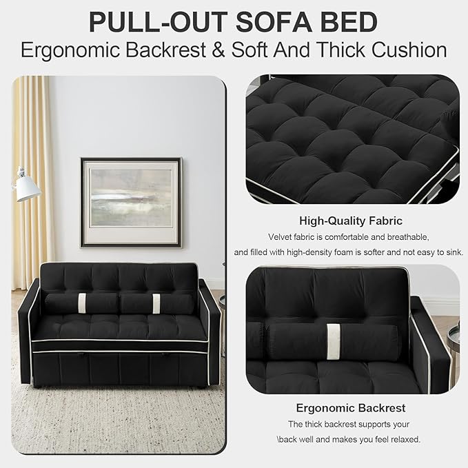 3-in-1 Convertible Sleeper Sofa Bed55.5 Modern Tufted Velvet Pull Out Couch BedFuton Small Love Seat Sofa with Adjustable Backrest&ampCylinder Pillows for Living RoomApartmentSmall Places(Black)