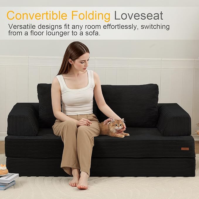 COMAX Futon Sofa Bed Convertible Folding Sofa Bed Boneless Couch Loveseat Corduroy with Pillows Small Foldable Floor Couch Comfy Lounge Sleeper for Living Room Bedroom Black