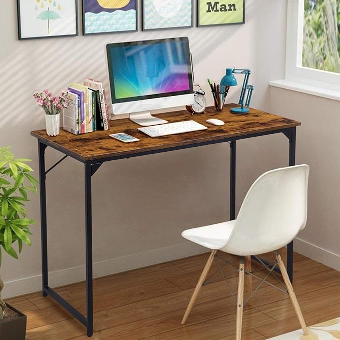 HCB Computer Desk 39inch Home Office Desk Writing Study Table Modern Simple Style PC Desk with Black Metal Frame(Brown)39x20x29inch