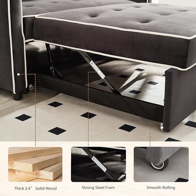 3 in 1 Convertible Sleeper Sofa Bed Small Couch for Living Room Bedroom with Pullout Bed Adjustable BackrestVelvetLoveseat Sofa BedFuton Couches (Black)