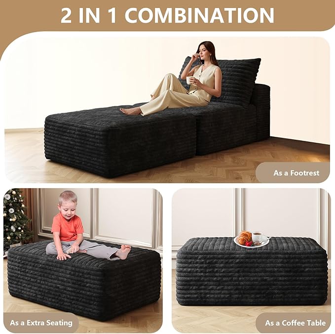 37.4 Ottoman Seat Corduroy Upholstered Deep Seat Comfy Cloud Couch with Movable Ottoman DIY Combination Plush Corduroy Black