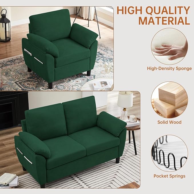 2-Piece Sofa Couch (Loveseat and Chair Set) Modern Sectional Sofa Sets with Wide Arms &amp Side Pockets Modern Comfy Small Couch Set for Living Room Green