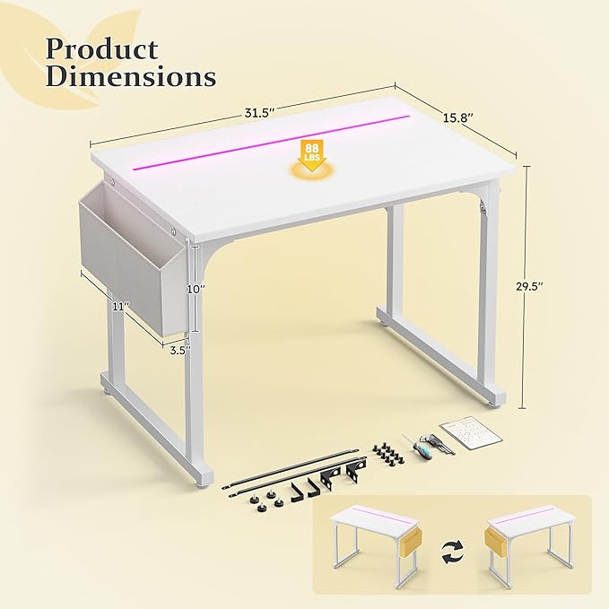 32 Inch White Computer Desk with LED Lights for Small Spaces Office Desk for Home Office Gaming Study Desk Writing Table with Storage BagDesk with Frame Headphone Hook