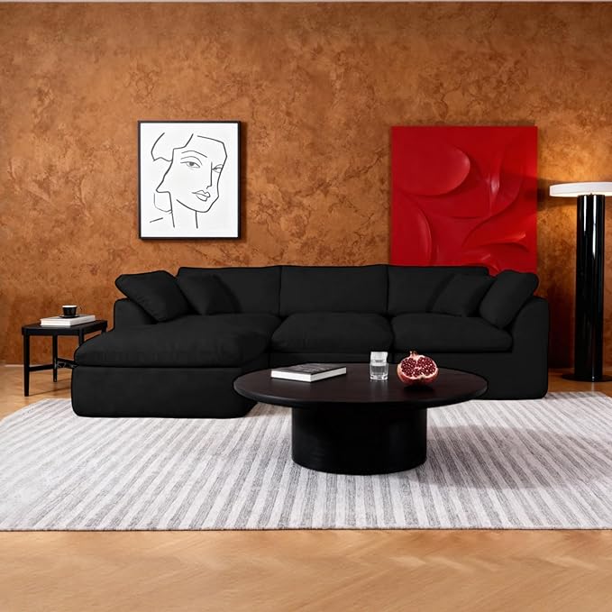 Cloud Modular Sectional Sofa Couch110” L Sofa with Wide Armrest Modern High-Density Sponge Compressed Sofa Couch for Living Room BedroomNo Assembly Needed (Black 3 Seats+1 Ottoman)