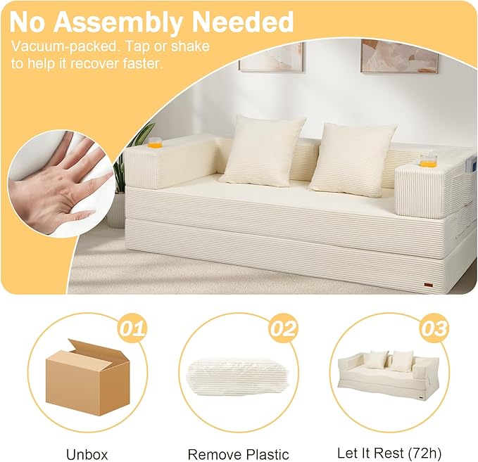 COMAX Boneless Couch Futon Sofa Bed Couches Versatile Queen for Living Room 79 4 in 1 Convertible Sleeper Corduroy Couch Foam in a Box Foldable Fold Out Floor Mattress No Assembly Required Beige