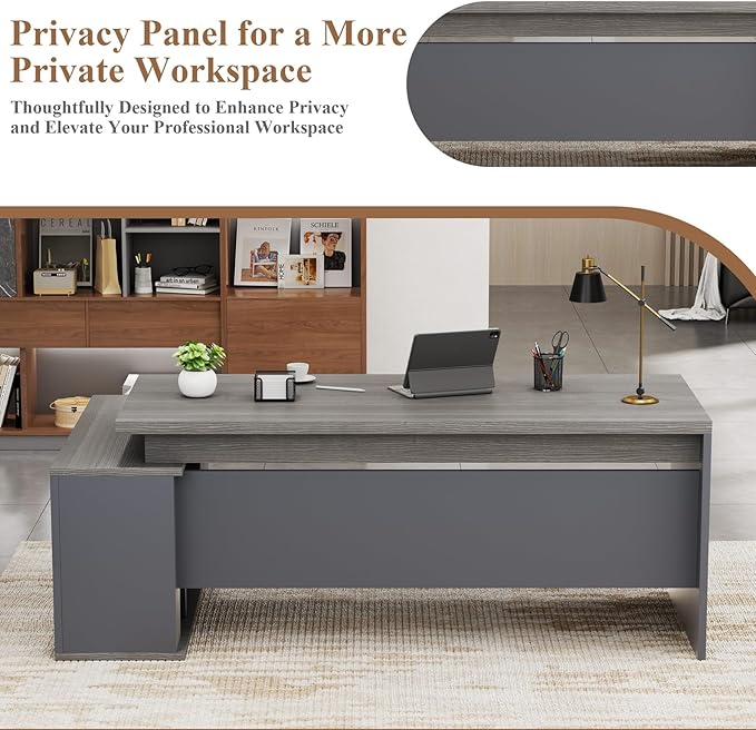 70.8 L-Shaped Executive Desk with File Drawers and Storage Cabinet Modern Large Office Desk Computer Workstation Gray Oak &amp Grey