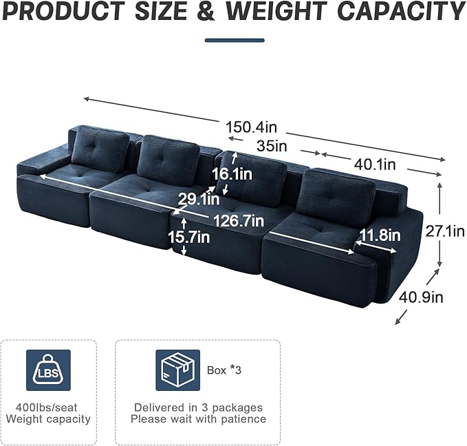 Casaphoria 150'' Blue Corduroy Cloud Couch 4-Seater Boneless Sectional Sofa with 4 Pillows for Living Room Deep Seat Sofa No Assembly Required