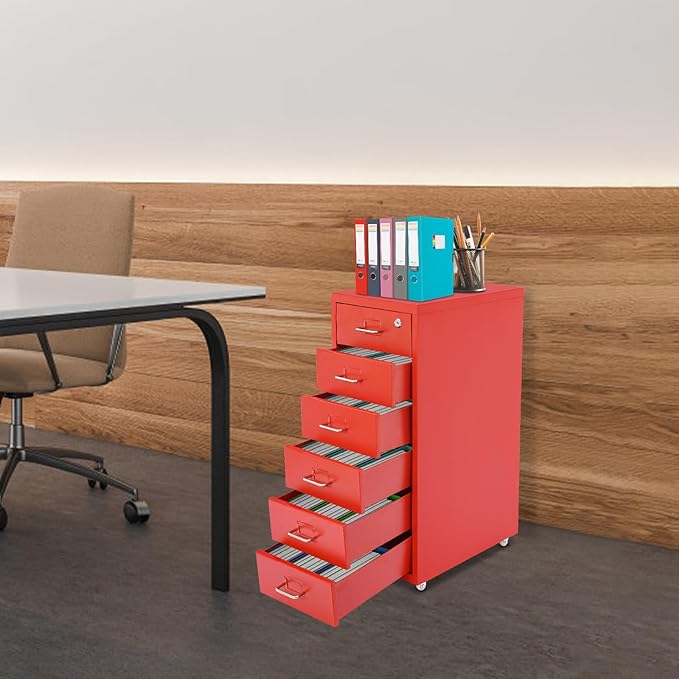 6-Drawer Vertical File Cabinet with Lock Metal Filing Cabinet Mobile Rolling Storage for Legal/Letter/A4 Files Cold-Rolled Steel Construction 17.64-22.05 lbs/Drawer (Red)