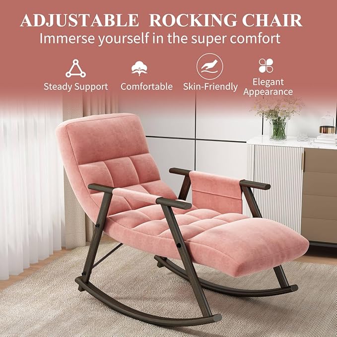 NIOIIKIT Nursery Rocking Chair Velvet Upholstered Rocker Chair with Adjustable Back&ampFootrest Reclining Glider Chair with Side Pocket Tufted Glider Rocker Armchair for Living Room (Pink Velvet)