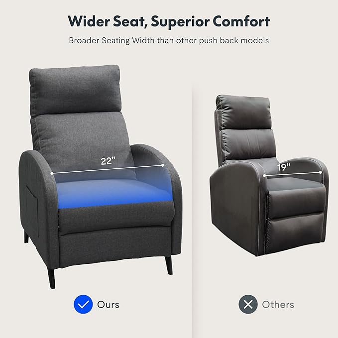 FLEXISPOT XC2 Recliner Chair for Adults Fabric Small Reclining Chair Home Theater Seating with Side Pockets Adjustable Modern Single Sofa Armchair Extended Footrest for Living Room(Gray)