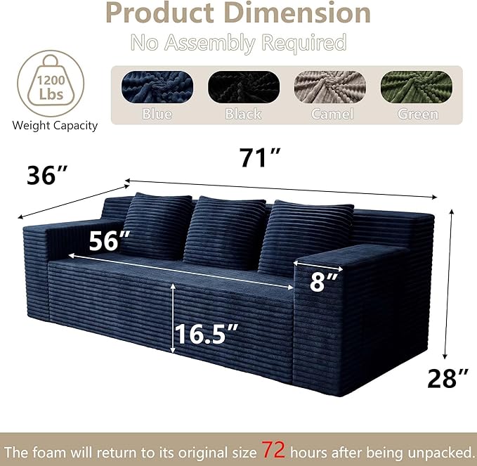 Boneless Couches for Living Room 71 Modern 3 Seater Sofa with Deep Seat Comfy Cloud Couch Sofa with Corduroy Fabric Memory Foam Floor Sofa with ArmrestsNo Assembly Required (Blue) | Deep Seat Co