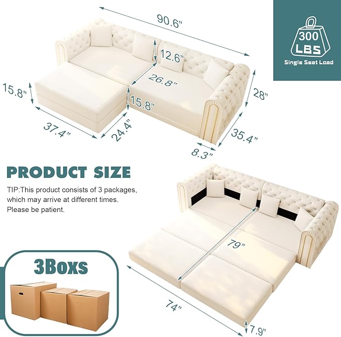 Polibi 90.6 3-in-1 Convertible Sleeper Sofa Bed Velvet Tufted Modern 3-Seater Couch with Movable Ottoman &amp Gold Trim King Size Sleeper for Living Room Apartment Beige+White