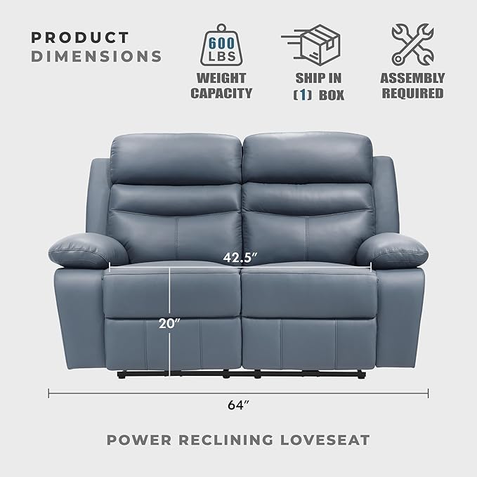 Lexicon 64 W Power Double Reclining Loveseat with USB Charging Port Wall Hugger Leather Match Reclining Love Seat for Living Room Apartment Easy Assembly Blue