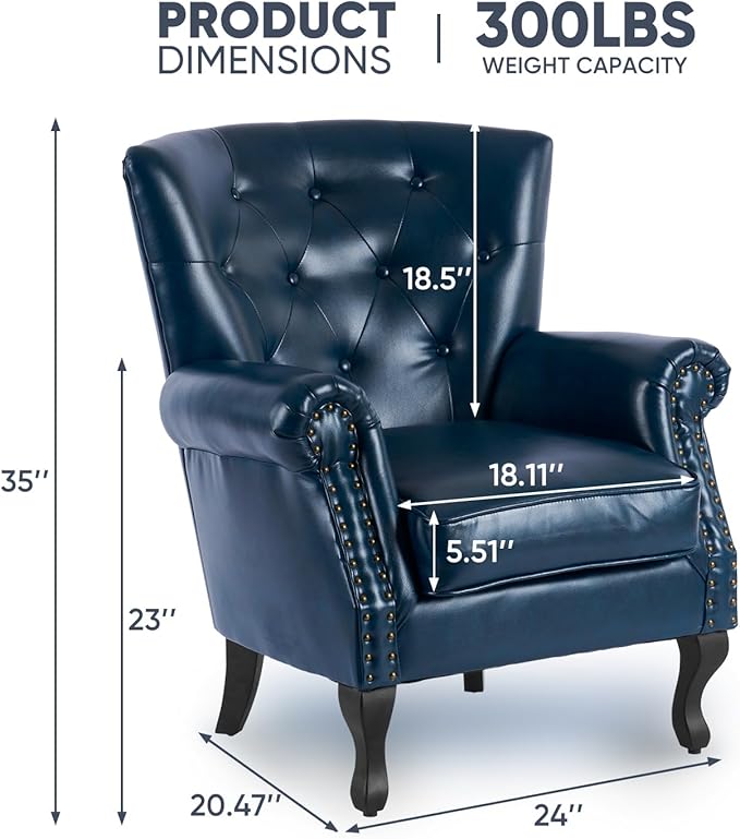 MOJAY PU Leather Accent Chair Set of 2 Mid-Century Modern Armchair Living Room Club Chair with Tufted Button &amp Rivet Trim Upholstered Sofa Chair with Sturdy Wood Legs for Bedroom (Navy)