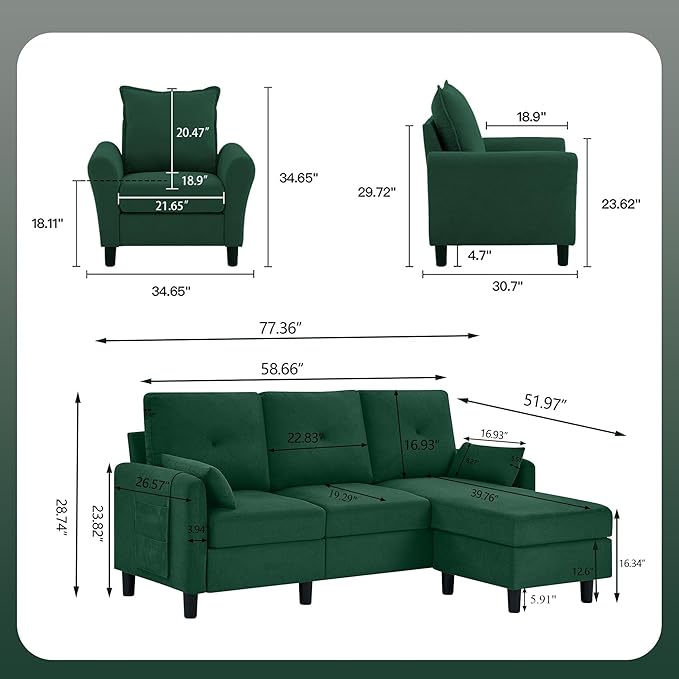 Convertible Sectional Sofa 77 Small L Shaped 3 Seat Couch with Reversible Storage Chaise and Accent Chair Set Modern Polyester Fabric Sofa Couches for Living Room Apartment Green