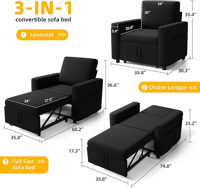 YITAHOME Convertible Sofa Chair Bed 3-in-1 Sleeper Sofa with Pull-Out Bed Linen Fabric Single Sleeper Chair with Reclining Backrest and Wide Armrest Modern Lounge Sofa for Small Space Black