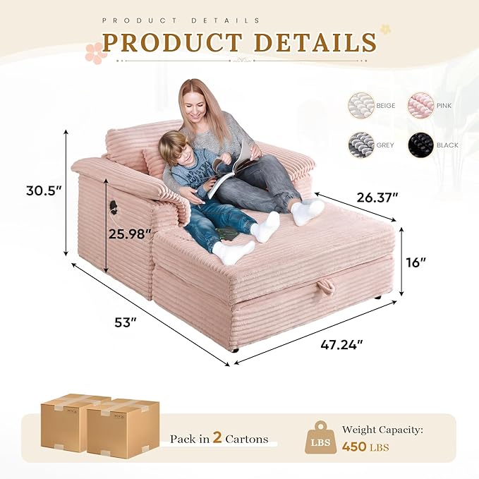 Oversized Chaise Lounge Chair with Storage Ottoman &amp USB Ports Fluffy Corduroy Cloud Couch Sleeper Sofa Bed with Arm Rest Comfy Overstuffed Sofa Chair Set for Living Room Bedroom (Pink)