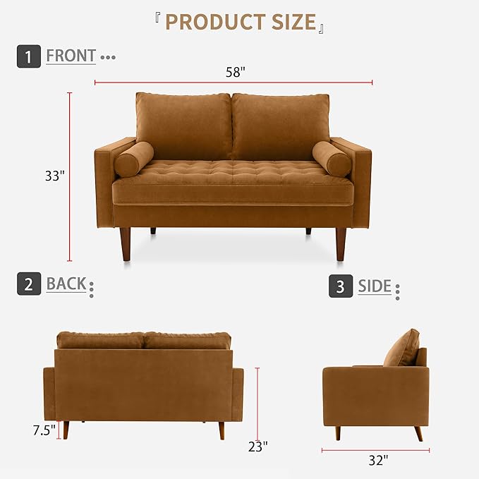 SILKIR Velvet Loveseat Sofa Love Seats Furniture for Small Spaces Mid-Century Modern Loveseats for Living Room Love Seat Couch 58 Inches Ginger