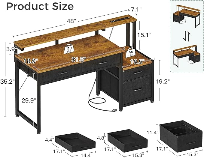 AODK Computer Desk with 4 Drawers 48 Inch Office Desk with Printer Shelf &amp Built-in Power Outlet Work Desk with Monitor Shelf for Home Small Spaces Rustic Brown
