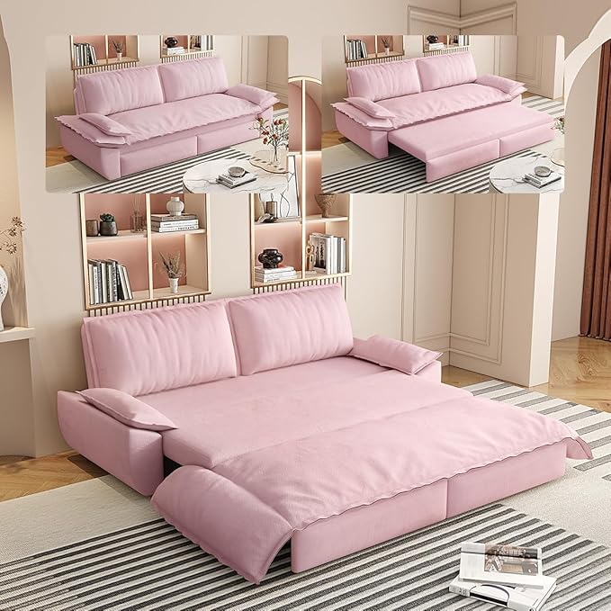 73.2 Queen Size Pull Out Sofa Bed 3-in-1 Velvet Convertible Sleeper Loveseat for Living Room Apartment Bedroom &amp Small Spaces (Pink)