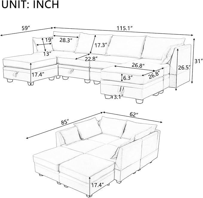 P PURLOVE Sectional Sofa Large Modular Sectional Sofa Convertible Couch with Reversible Chaise for Living Room with Plastic Legs (Beige)