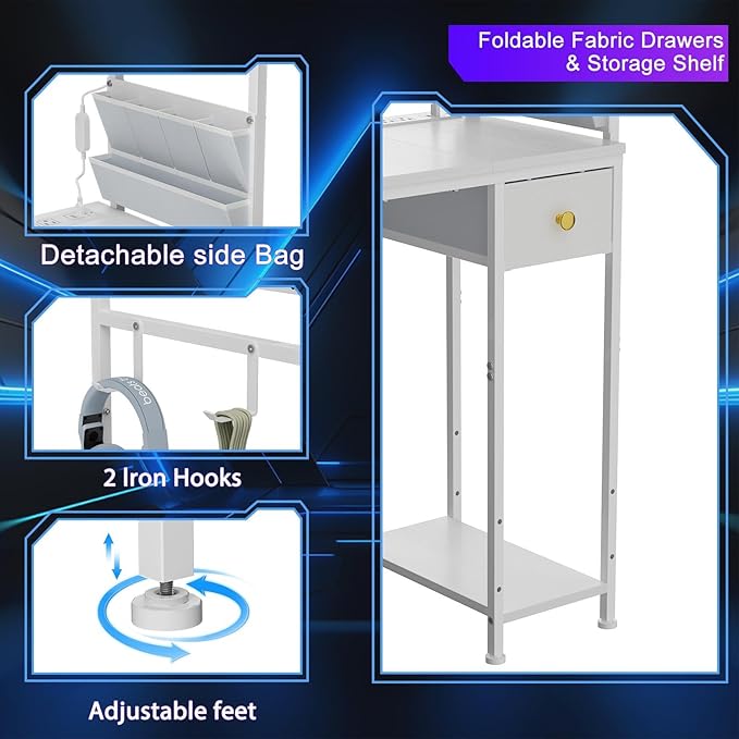 33.7 Computer Desk with Power Outlets LED Lights &amp Drawer Small Office Desk with Storage Bag &amp Hooks Gaming Desk for Bedrooms or Home Office Compact Study Desk for Small SpacesWhite