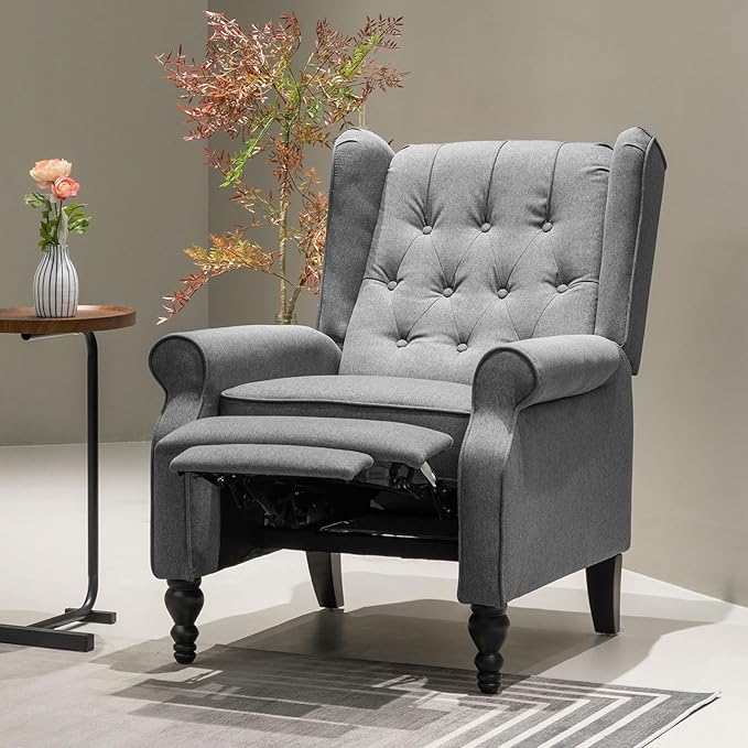 Recliner Wingback Chair Modern Linen Fabric Push Back Recliner Chairs Linen Fabric Single Sofa Lounge Chair Manual Recliner Chai for Adults Living Room Bedroom (Gray)