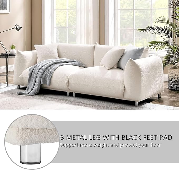 Hison Modern 86 Inch White Lambswool Sofa 3 Seater Upholstered Couch with Solid Wood Frame Deep Seat Comfortable &amp Sturdy