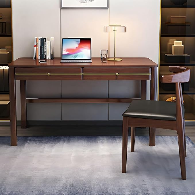 Rectangle Modern Soild Wood Writing Desk with 2 DrawersMinimalistRectangularHome Office DeskStudy TableComputer DeskSmall Spacesfor Bedroom (Black)