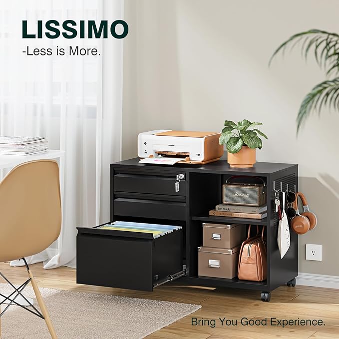 3 Drawer File Cabinet with LockMobile Lateral Filing Cabinet with Side Hook for Letters/Legal/A4 Metal Printer Stand Storage Cabinets with Shelves for Home Office(Black)