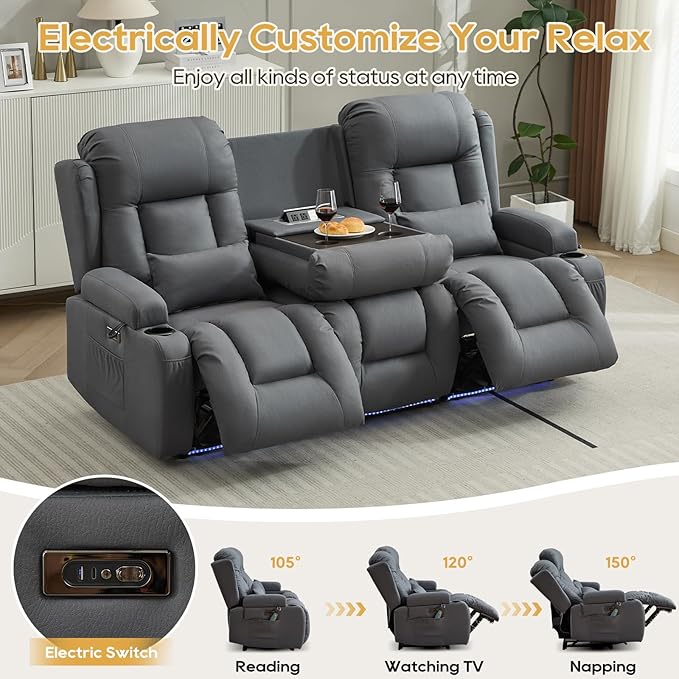 IPKIG Power Loveseat Recliner Sofa with Flip-Up Backrest Table AC Outlet LED Light Wall Hugger Recliners for Living Room RV Home Theater (Light Blue 3-Seater)