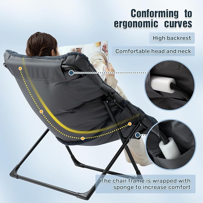 HollyHOME X-Large Saucer Chair Comfy Oversized Folding Chair Faux-Fur Reading Chair for Teens Adults Foldable Accent Lazy Chair Metal Frame Lounge Chair for Living Room Bedroom Dorm Navy Blue