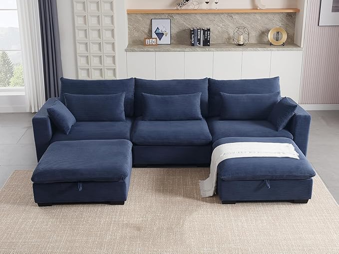 asunflower Matching Large Storage Ottoman for Sectional Sofa Oversized Foldable Footrest Stool with Lid Blue Corduroy Bench - 37.4 Extra Wide