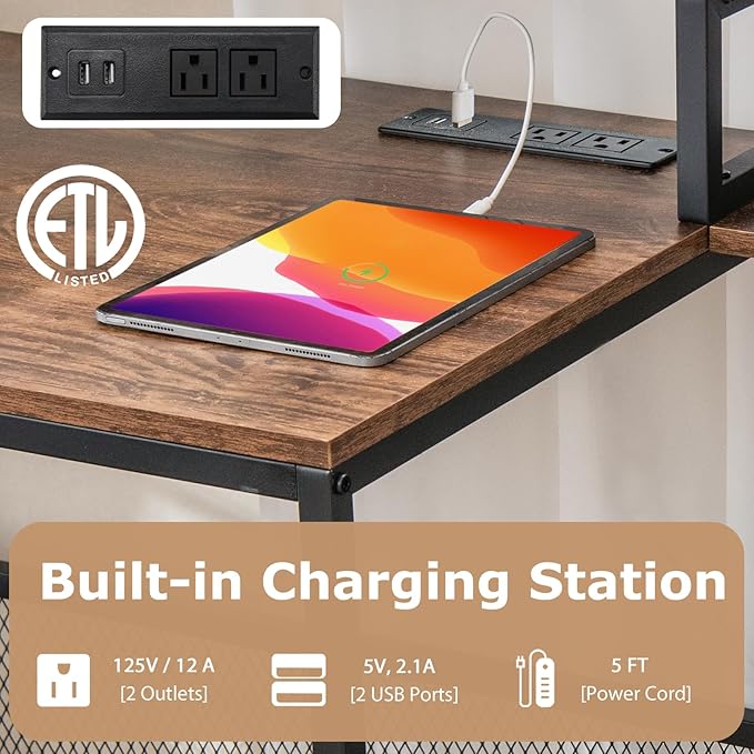 Tangkula 67 Computer Desk with Monitor Stand &amp File Drawer Large Home Office Desk with Power Outlets &amp USB Ports Long Workstation with Storage Shelves Study Writing Desk Gaming Desk Rusti